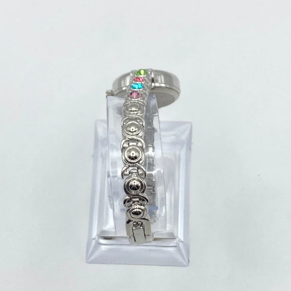 Modern Womens Watch 22mm Silver Tone Rainbow Crystals MOP Dial New Battery 6.75